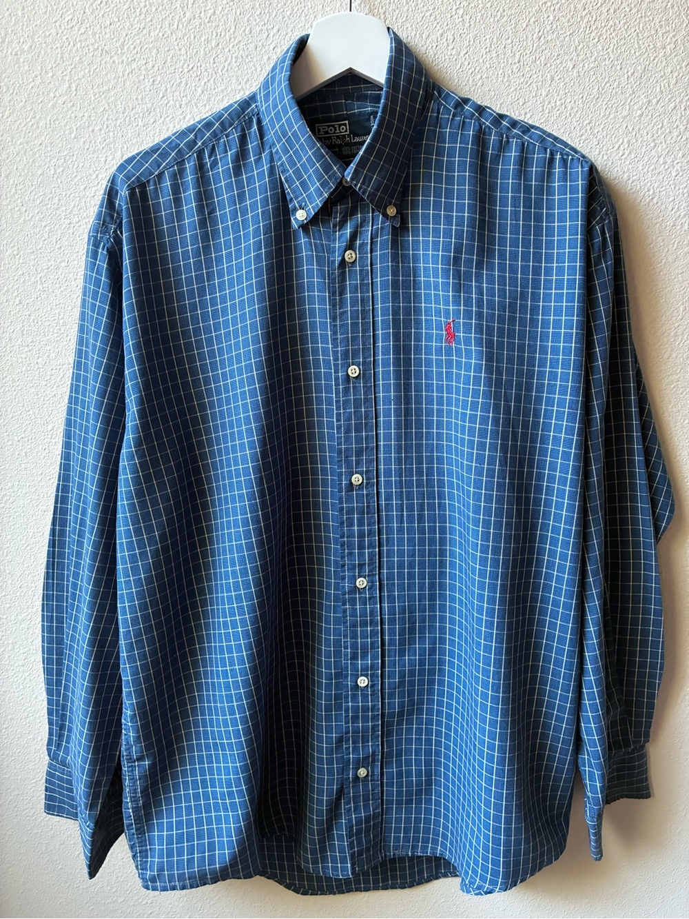 Men’s Polo Ralph Lauren Blue and White Checked Button-Down Shirt (Size; 15 1/2)